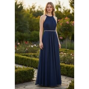 NWT SLNY Navy Blue Metallic Chiffon Halter Gown Beaded Waist Dress Size 16